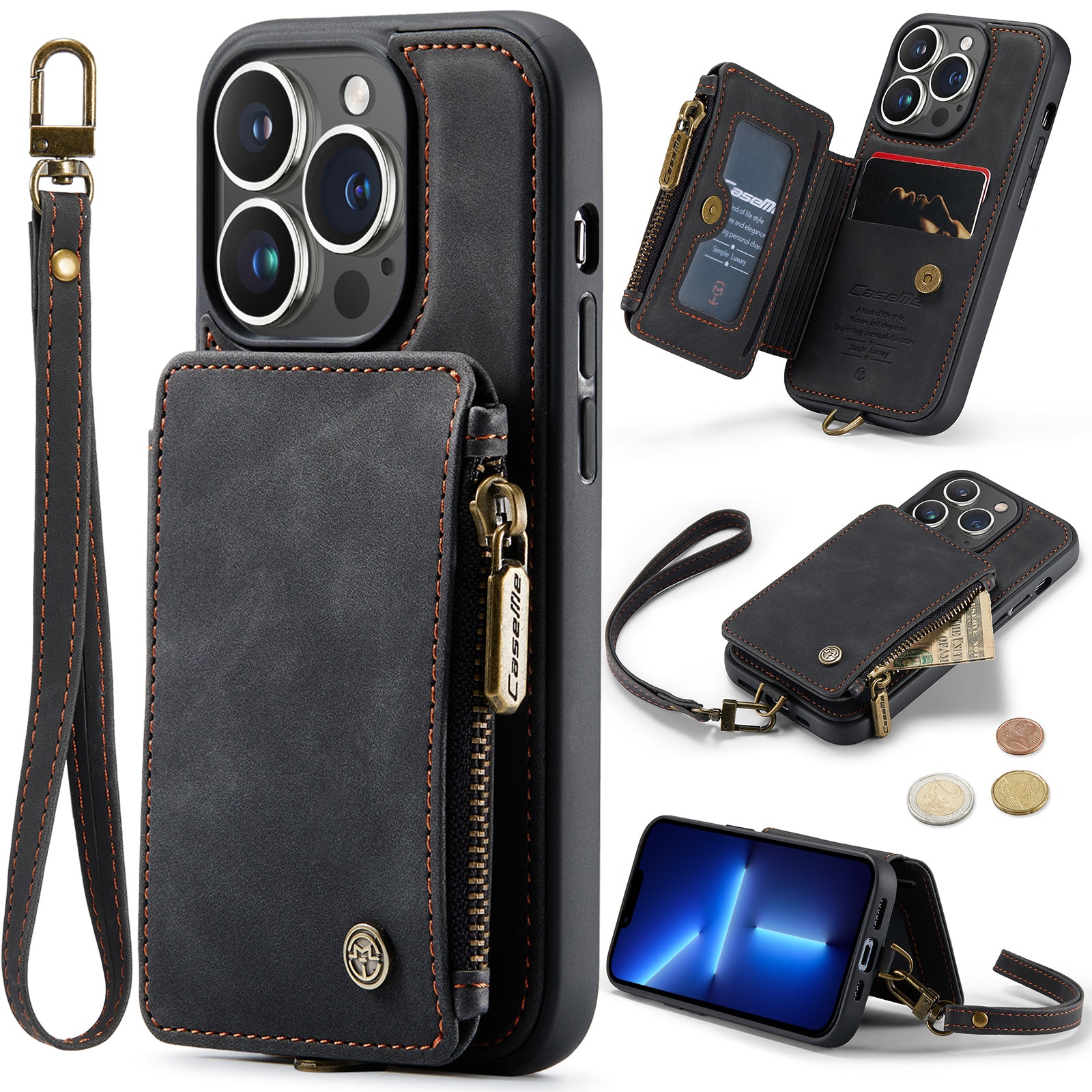 CASEME C20 Series for iPhone 13 Pro 6.1 inch RFID Blocking Zipper Pocket Wallet Case PU Leather Coated TPU Kickstand Protective Phone Cover with Strap CASEME C20 Series for iPhone 13 Pro 6.1 inch RFID Blocking Zipper Pocket Wallet Case PU Leather Coated TPU Kickstand Protective Phone Cover with Strap